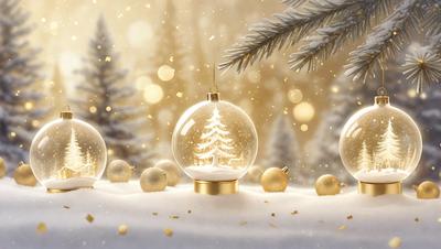 The primary subject of the image is a Christmas tree ornament, which is a glass ball with a tree inside. The setting is a snowy environment, with a pine tree in the background. The visual style is a digital art, creating a festive and warm atmosphere. The colors are predominantly gold and white, with the gold ornament and white snow creating a harmonious and visually appealing scene.